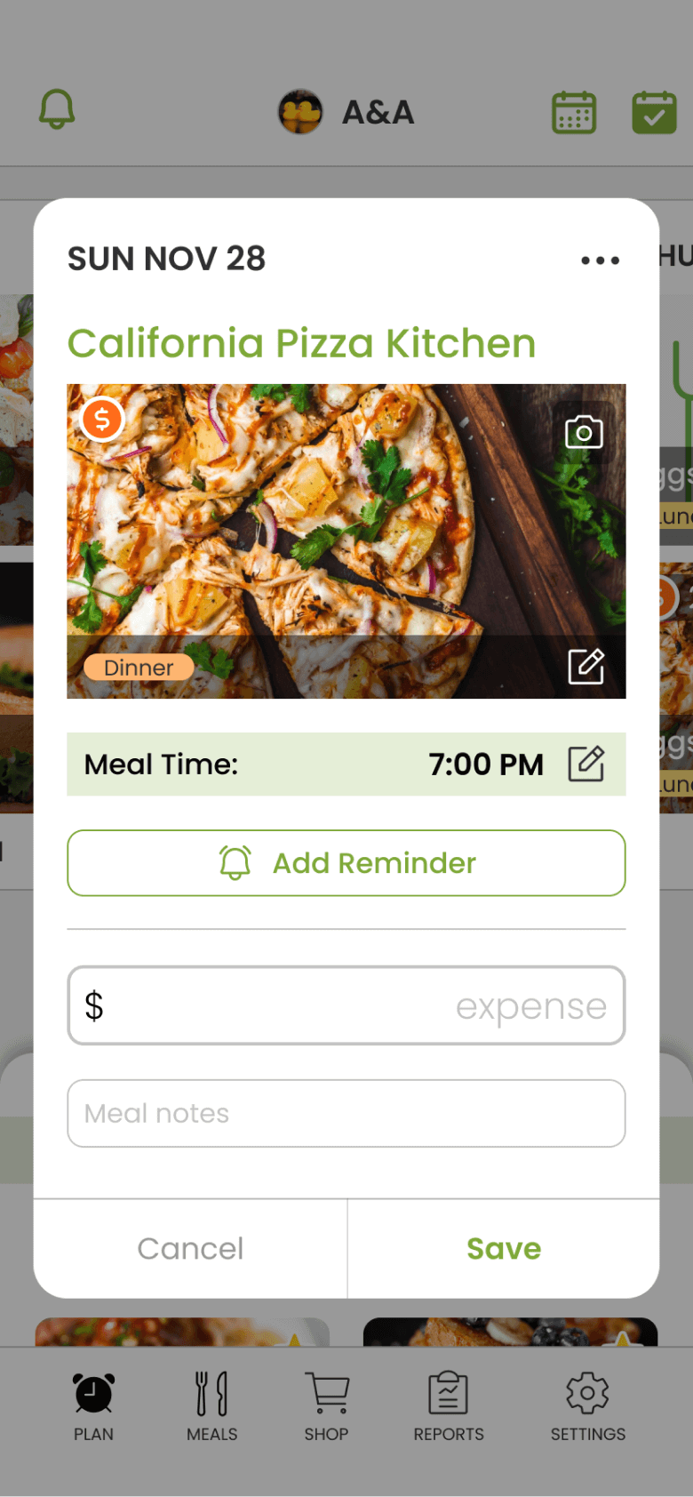 Planned meal properties screenshot